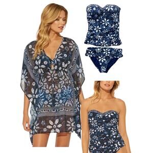 Bleu Rod Beattie Blue Navy Tankini Bikini + Swim Cover Up Caftan Size Small 4